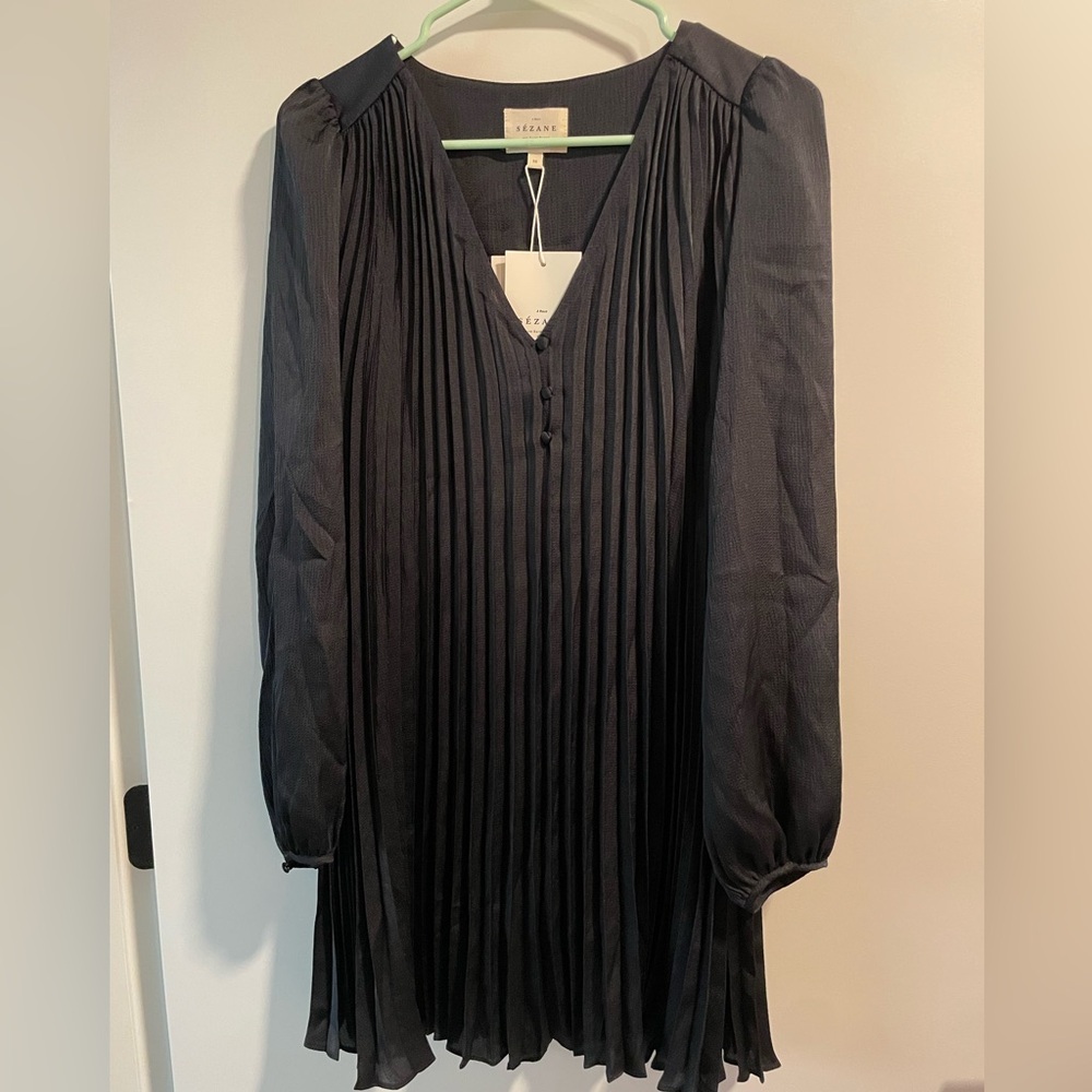 Sezane Selita Pleated V-Neck Button Dress